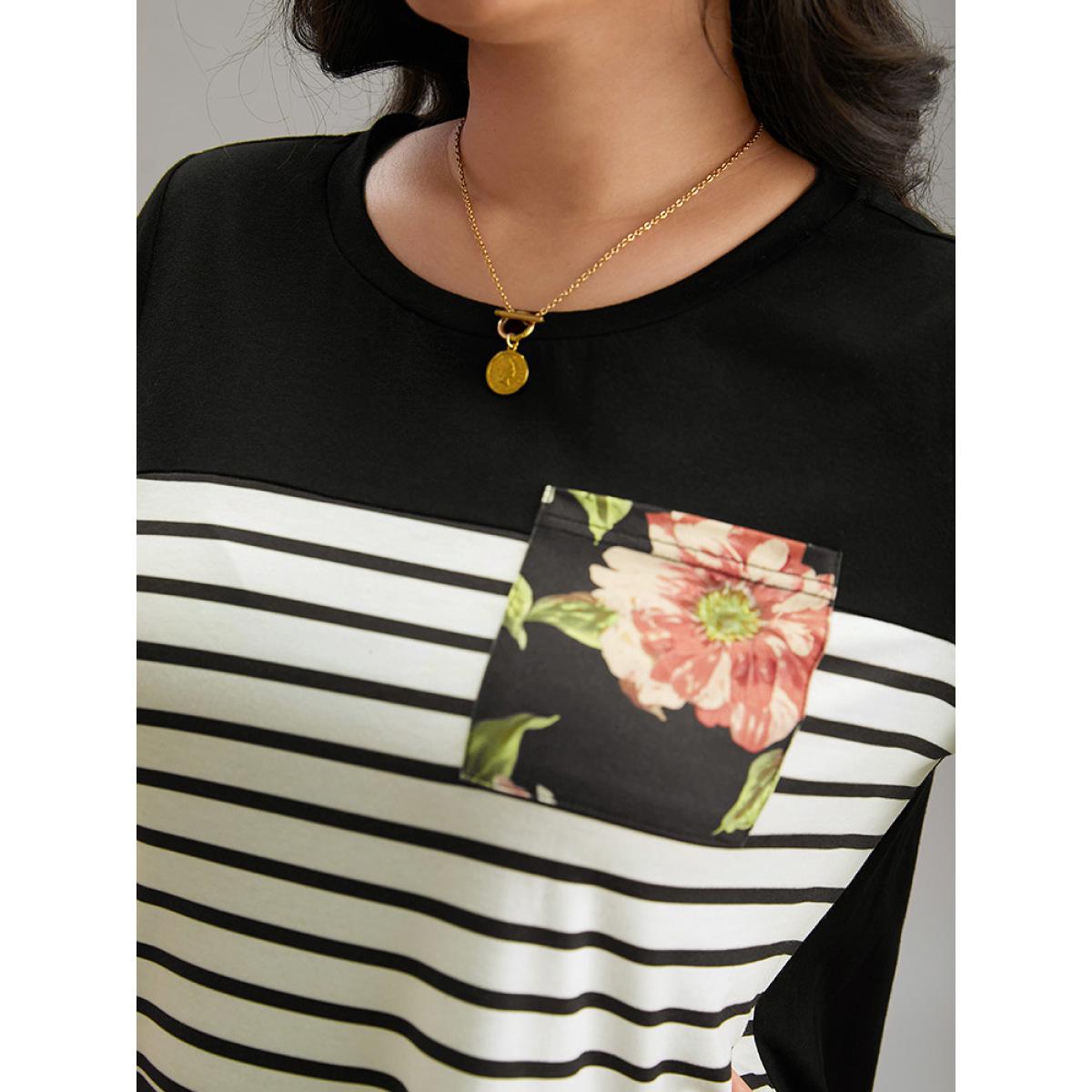 Plus Size Floral Striped Patchwork Patched Pocket T-shirt Black Women Casual Printed Striped Round Neck Dailywear T-shirts BloomChic 26/4X Product Image