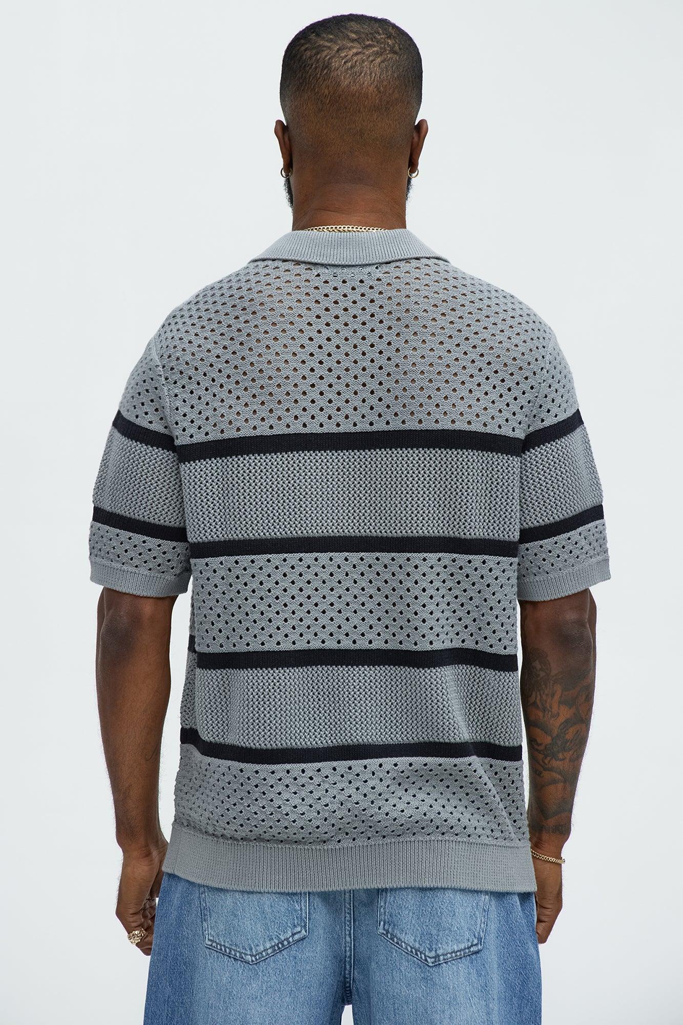 Mixed Texture Knitted Johnny Collar Shirt - Grey/combo Product Image