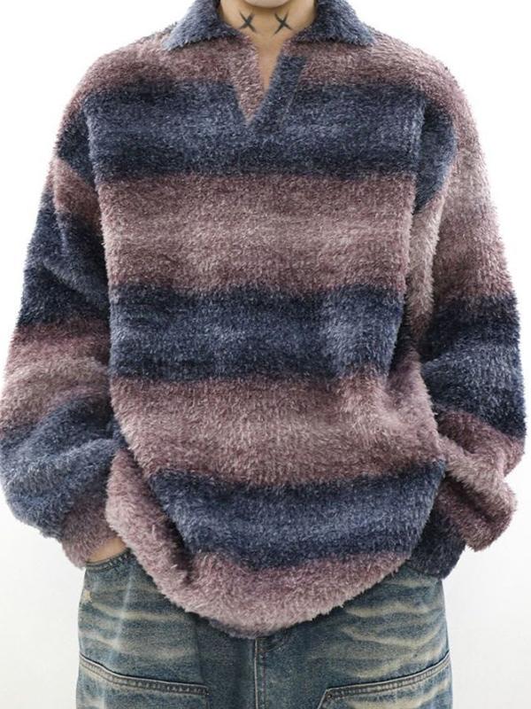 Men's Vintage Striped Lapel Neck Sweater Product Image