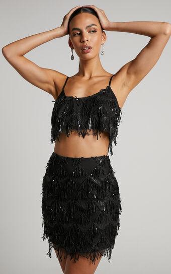 Khrizza Top - Sequin Diamond Mesh Cropped Cami Top in Black Product Image