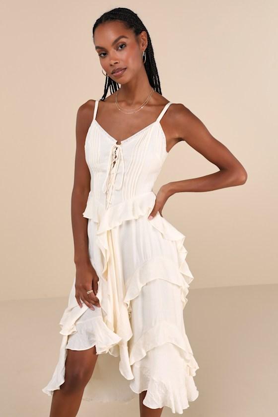 Playful Style Beige Lace-Up Ruffled High-Low Midi Dress Product Image