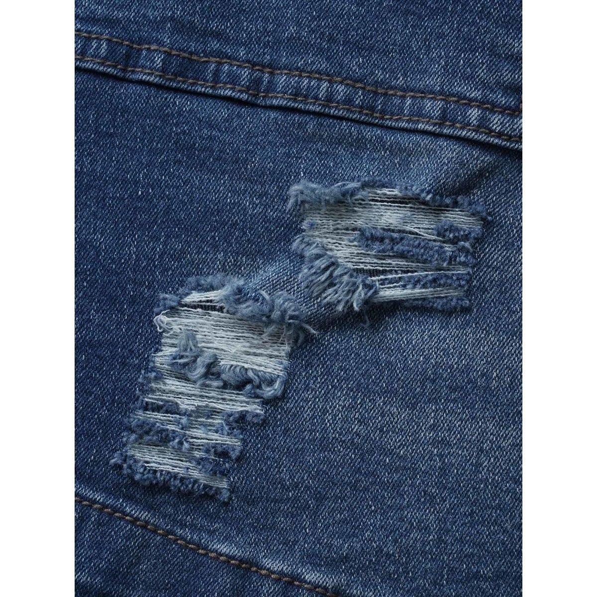 Plus Size Dark Wash Drawstring Distressed Patch Pocket Denim Shorts Women Darkindigo Distressed Medium stretch Everyday Patch pocket Casual Denim Shorts BloomChic 24/3X Product Image