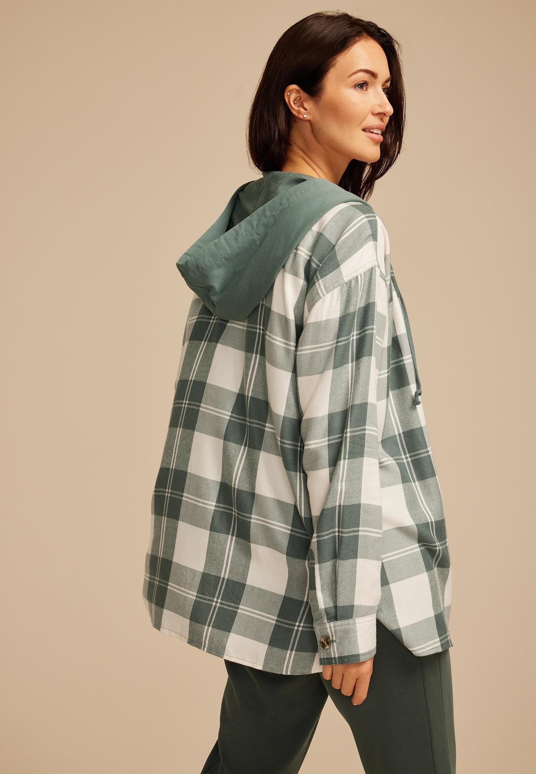 Plaid Hooded Boyfriend Button Down Shirt Product Image