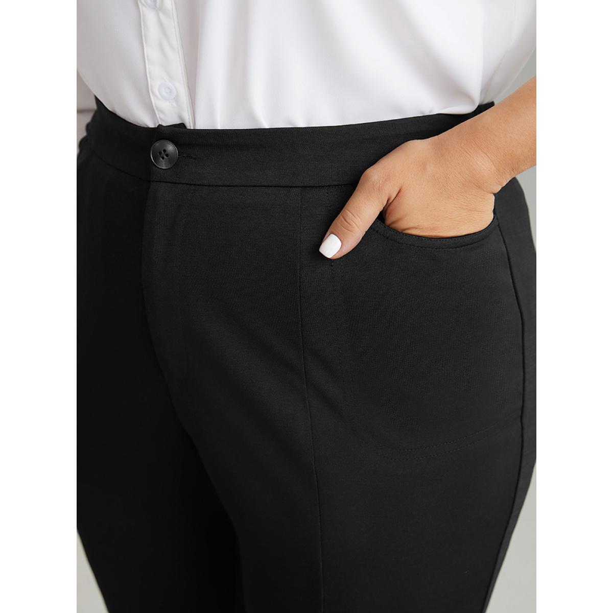 Plus Size Plain Flare Leg Pocket Split Hem Pants Women Black Office Flare Leg High Rise Office Pants BloomChic 26/4X Product Image