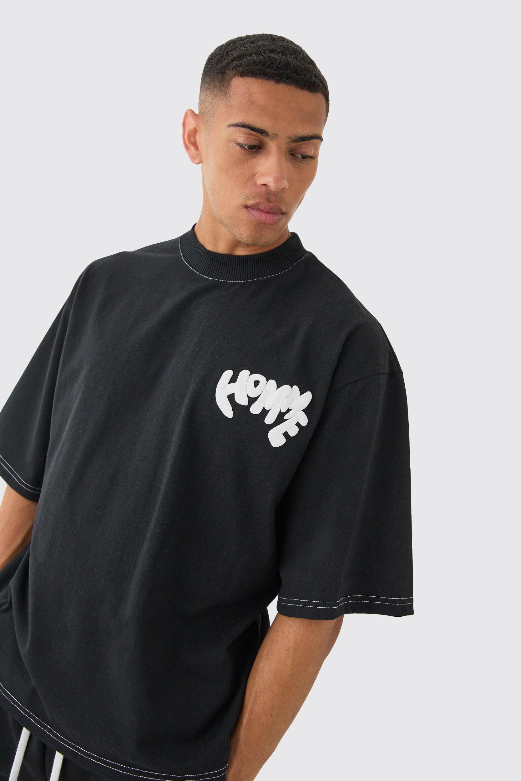 Oversized Contrast Stitch Puff Print Half Sleeve T-shirt | boohooMAN USA Product Image
