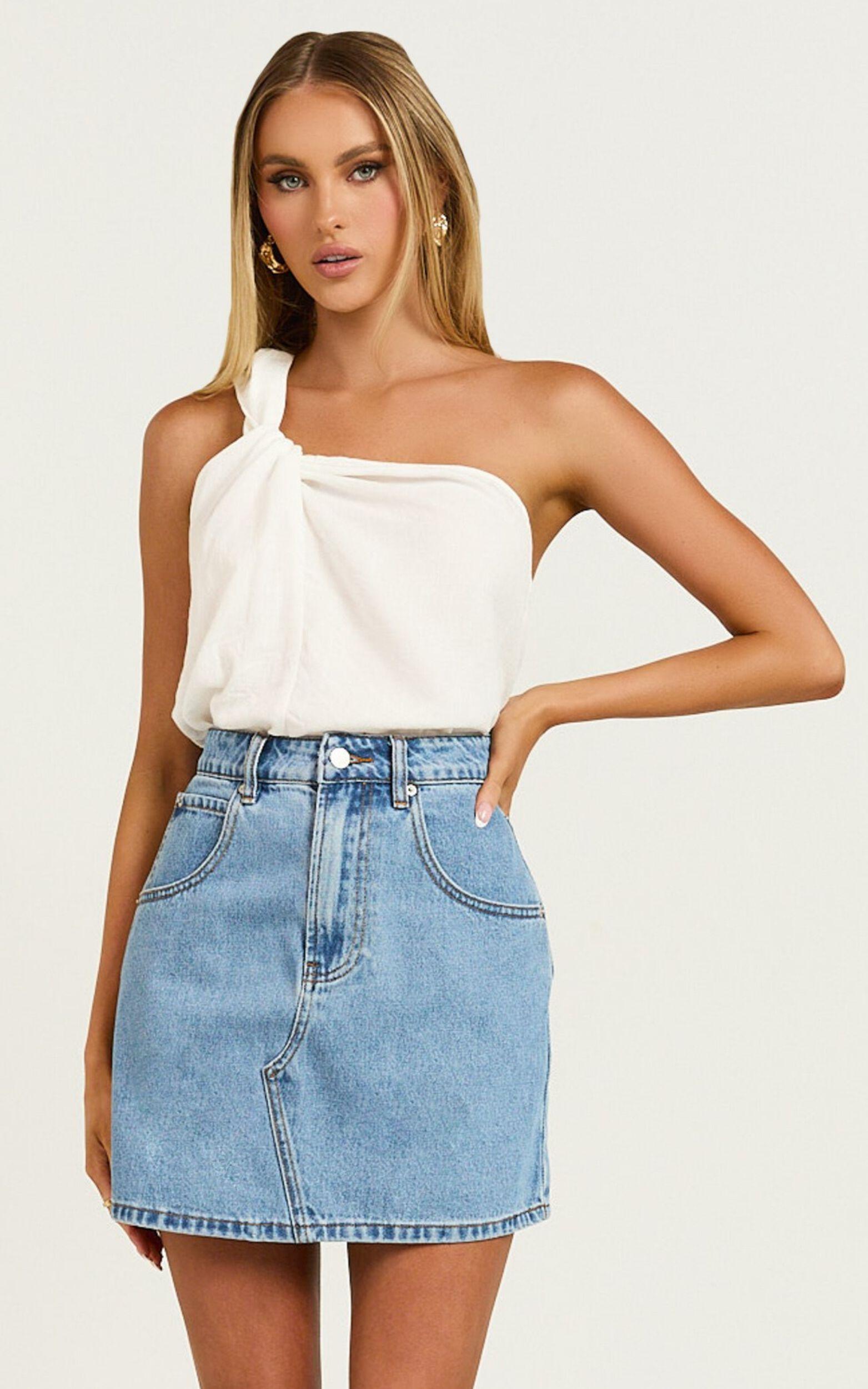 Jaden Mini Skirt - High Waisted Recycled Denim Mini Skirt in Mid Blue Wash Product Image