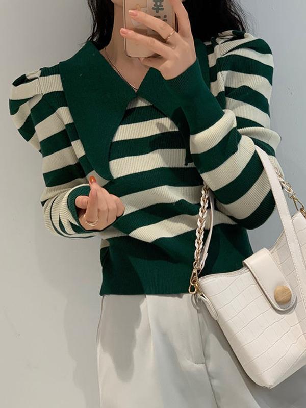 Striped Puff Sleeve Knit Sweater Product Image