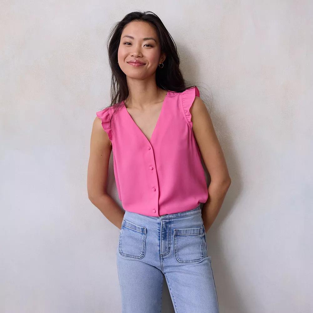 Women's LC Lauren Conrad Ruffle Shoulder V-Neck Tank, Size: Small, Seattle Blue Product Image