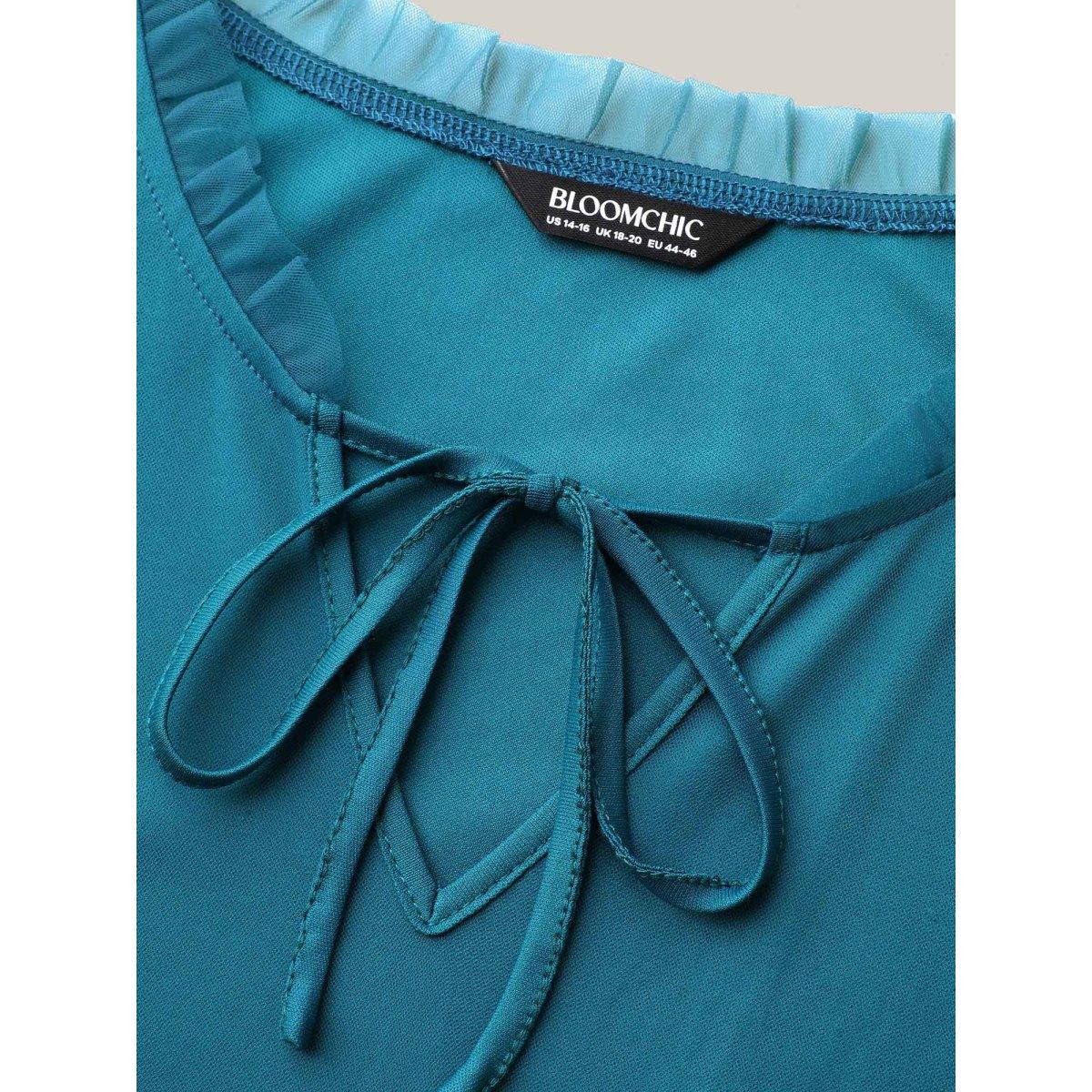 Plus Size Stretchy Waist Neck Tie Sheer Midi Dress Teal Women Flat collar with V-notch Short sleeve Curvy BloomChic 30/6X Product Image