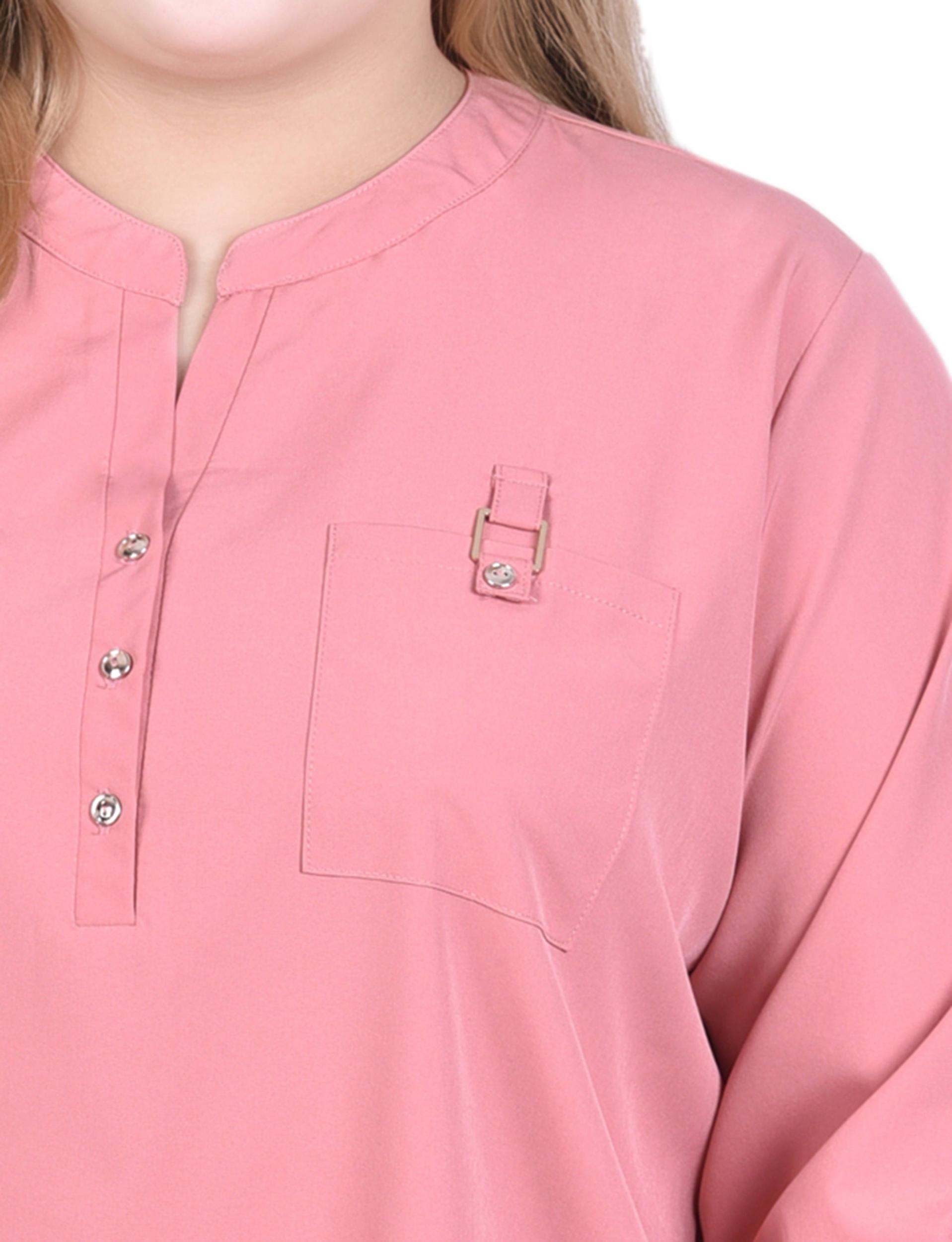 Pink 3/4 Tabbed Sleeve Y Neck Blouse - Plus Size Product Image