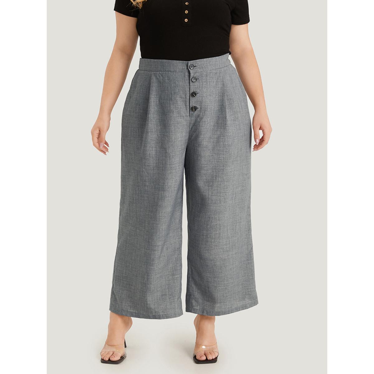 Plus Size Plain Pocket Button Detail Pleated Pants Women DarkGray Office Straight Leg High Rise Work Pants BloomChic 18-20/2X Product Image