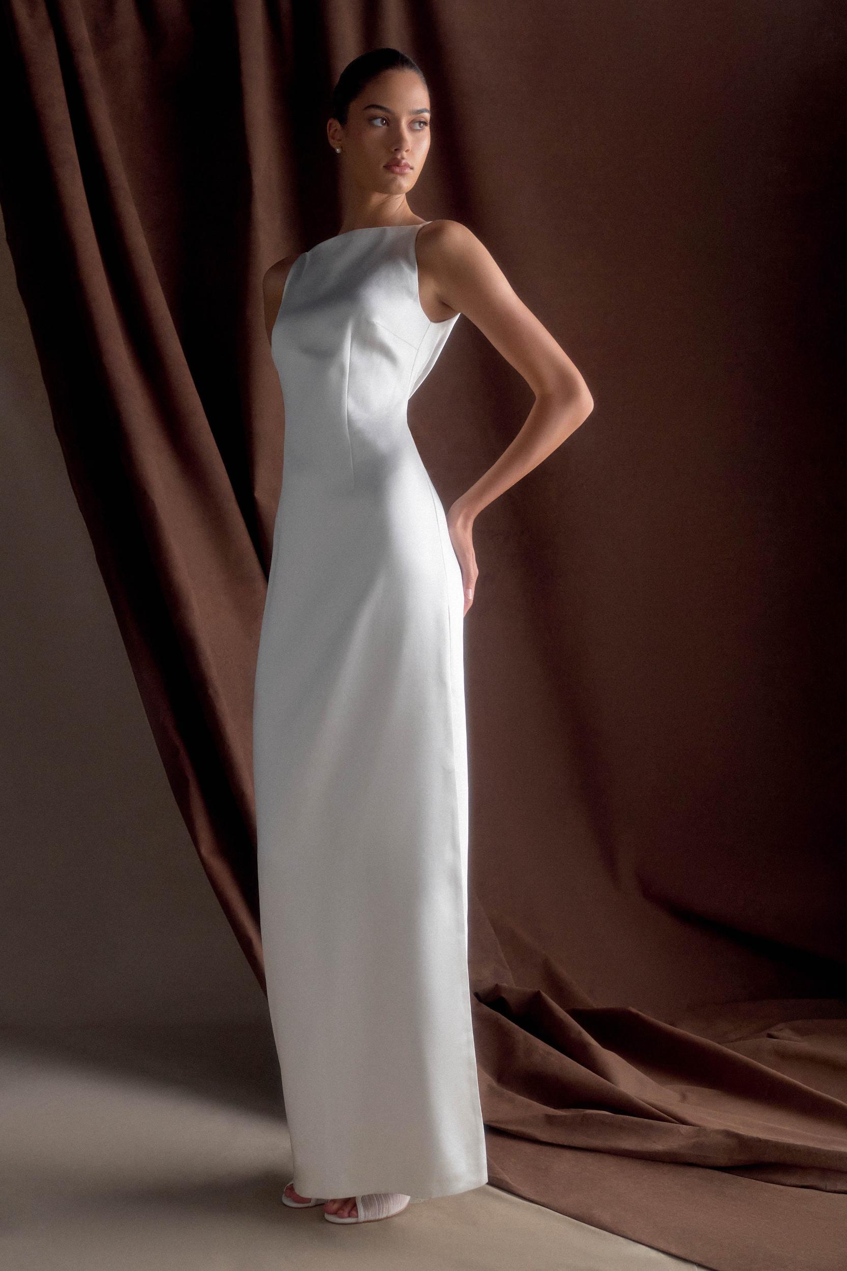 Violet Sleeveless Satin Maxi Dress - White Product Image