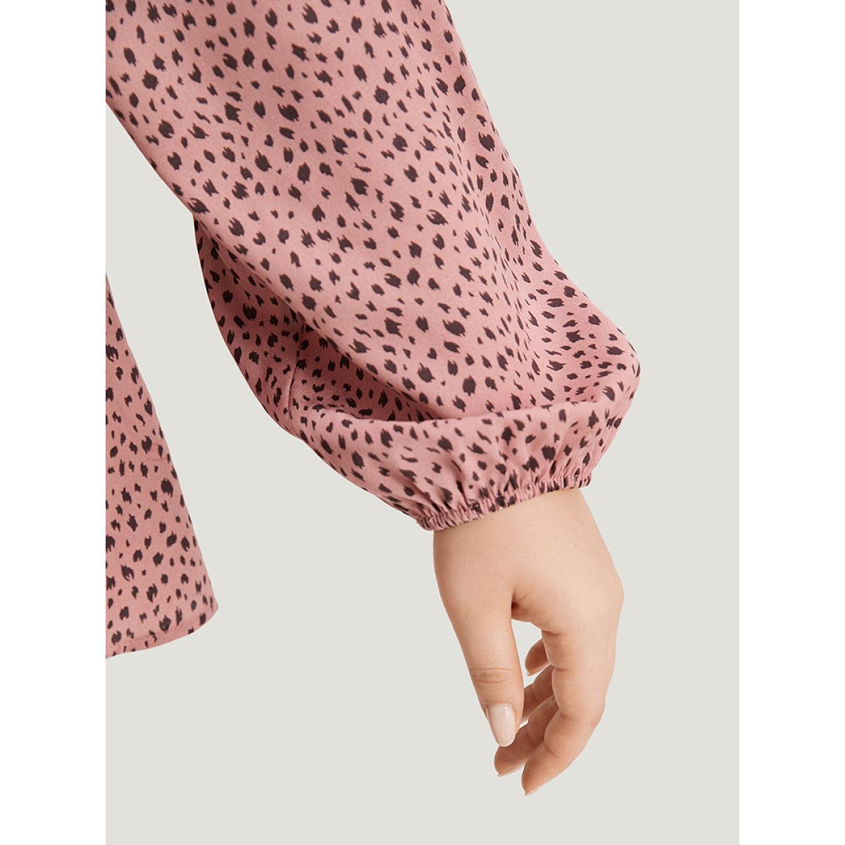 Plus Size Rouge Dot Print Twist Front Gathered V Neck Blouse Women Elegant Long Sleeve V-neck Everyday Blouses BloomChic 12/L Product Image