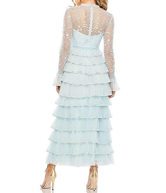 Mac Duggal Embroidered Crew Neck Long Sleeve Tiered Ruffled Hem Maxi Dress Product Image
