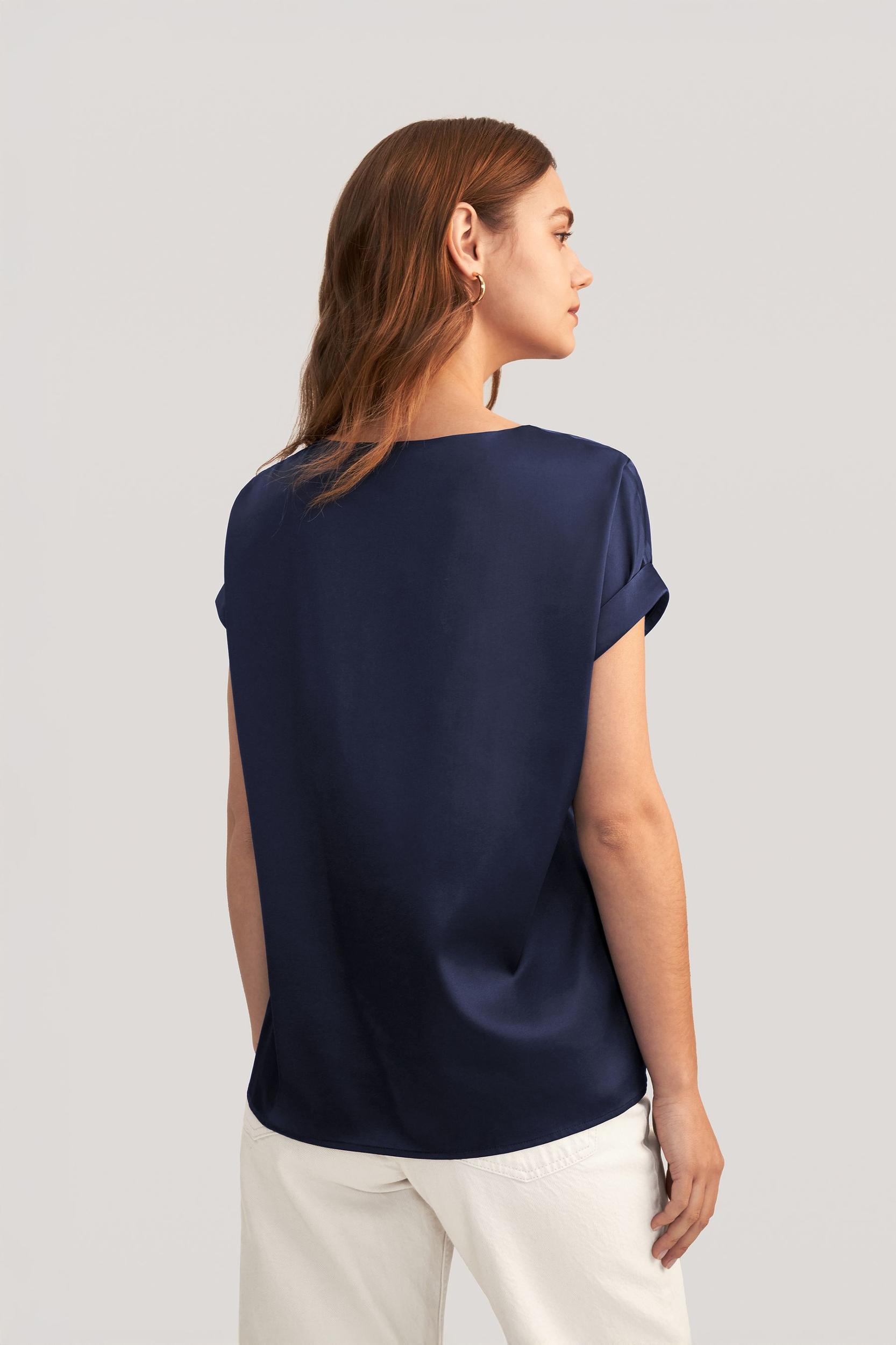 LILYSILK Women Silk Tee Shirts Black Quality Stretchy Silk Soft Classic Round Neck Rolled Cuffs Silk Top XS Product Image