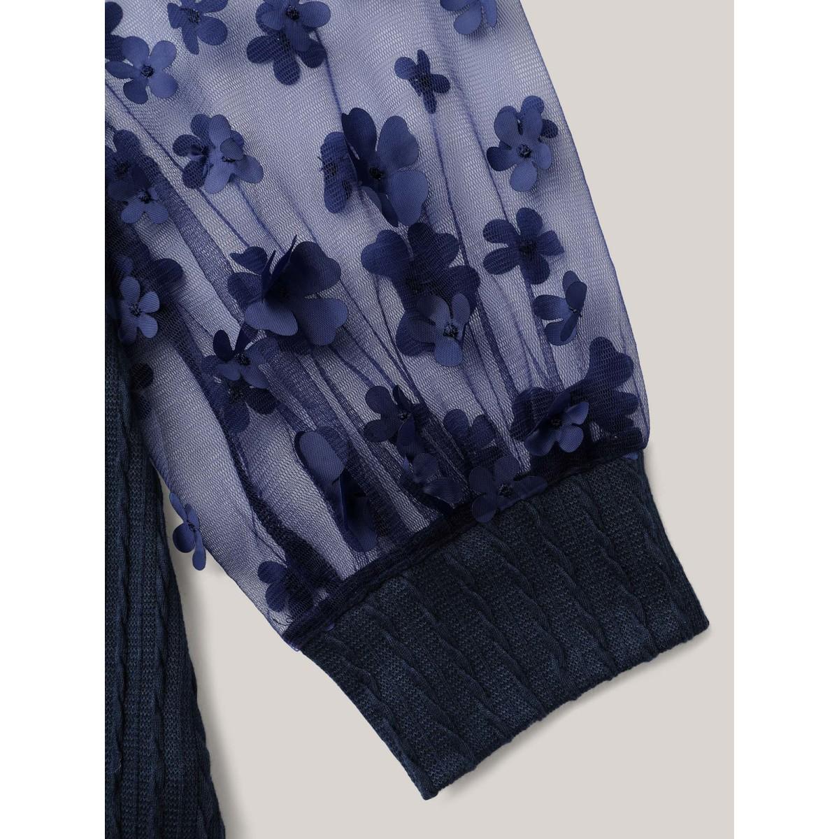 Plus Size Sheer Sleeve Textured Patchwork Round Neck T-Shirt Indigo Women Elegant Texture Round Neck Everyday T-shirts BloomChic 28/5X Product Image