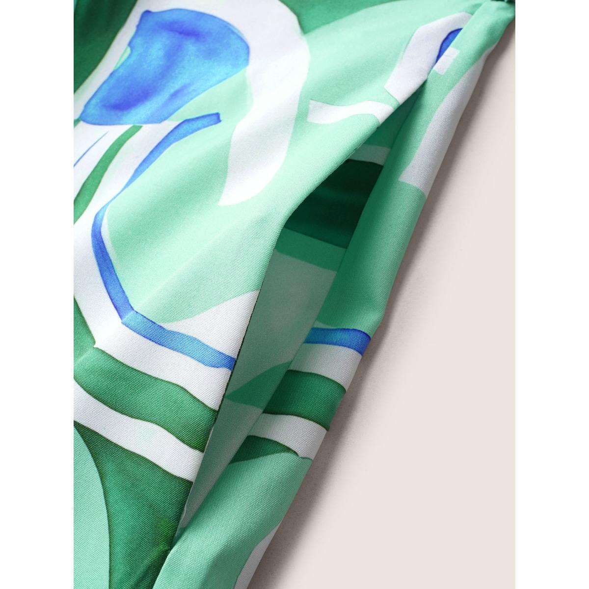 Plus Size Geometric Elastic Waist Drop Shoulder Sleeve Midi Dress Arctic Women At the Office Belted Shirt collar Short sleeve Curvy BloomChic 12/L Product Image