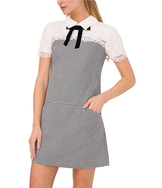CeCe Point Collar Neck Short Sleeve Shift Dress Product Image