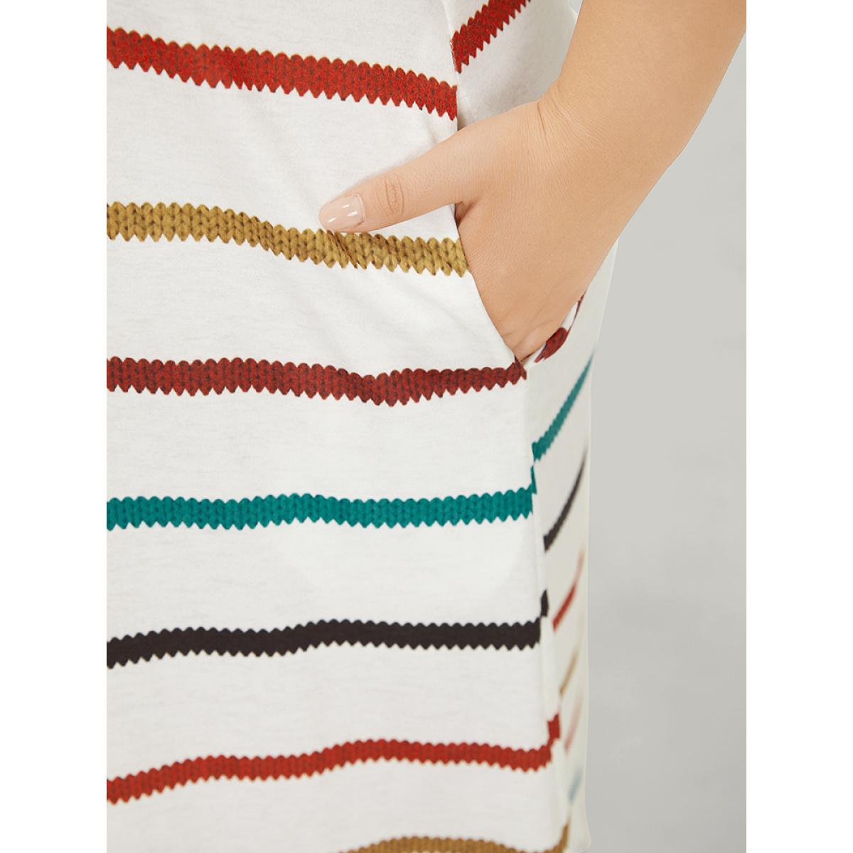 Plus Size Rainbow Striped Pocket Curved Hem Dress White Women Casual Contrast V-neck Short sleeve Curvy Midi Dress BloomChic 18-20/2X Product Image