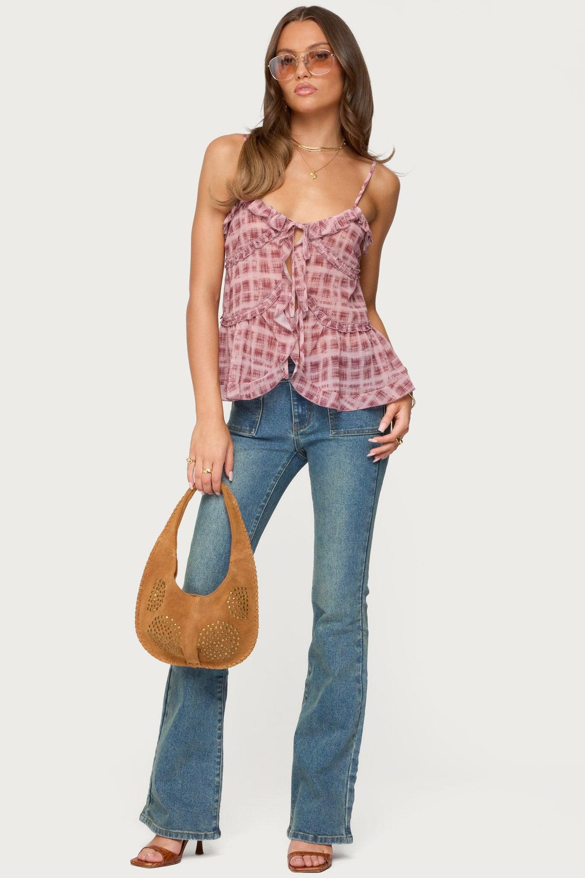 Chiffon Printed Tie Front Ruffle Top Product Image