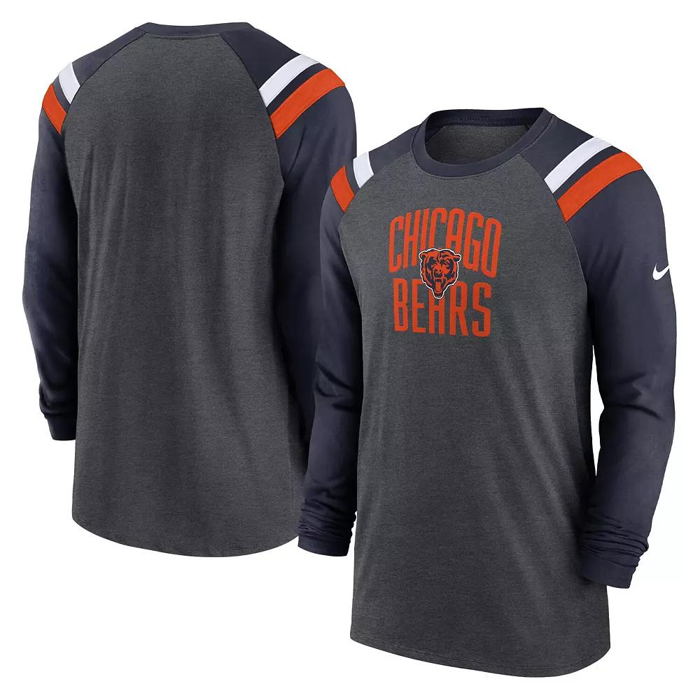 Men's Nike Heathered Charcoal/Navy Chicago Bears Tri-Blend Raglan Athletic Long Sleeve Fashion T-Shirt,  Product Image