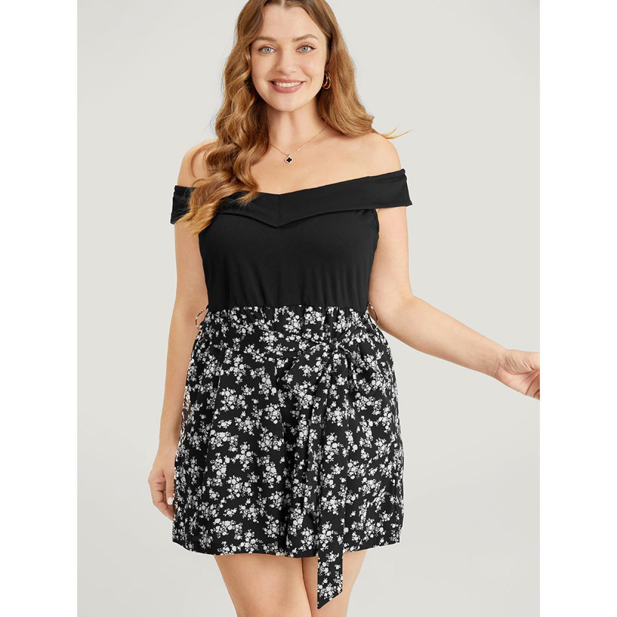 Plus Size Black Ditsy Floral Patchwork Pocket Belted Off Shoulder Romper Women Elegant Sleeveless One-shoulder neck Dailywear Loose Jumpsuits BloomChic 26/4X Product Image