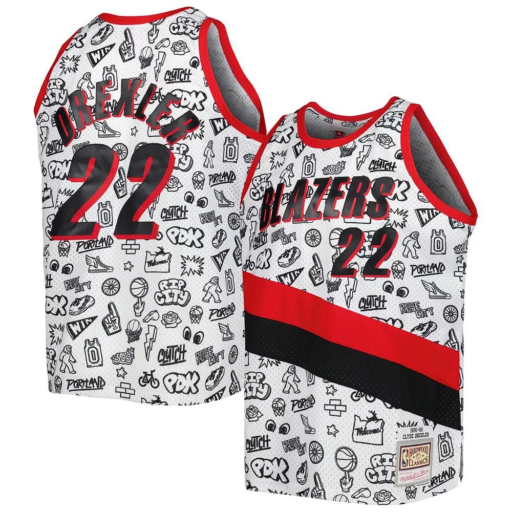 Men's Mitchell & Ness Clyde Drexler White Portland Trail Blazers 1991-92 Hardwood Classics Doodle Swingman Player Jersey, Size: Medium Product Image