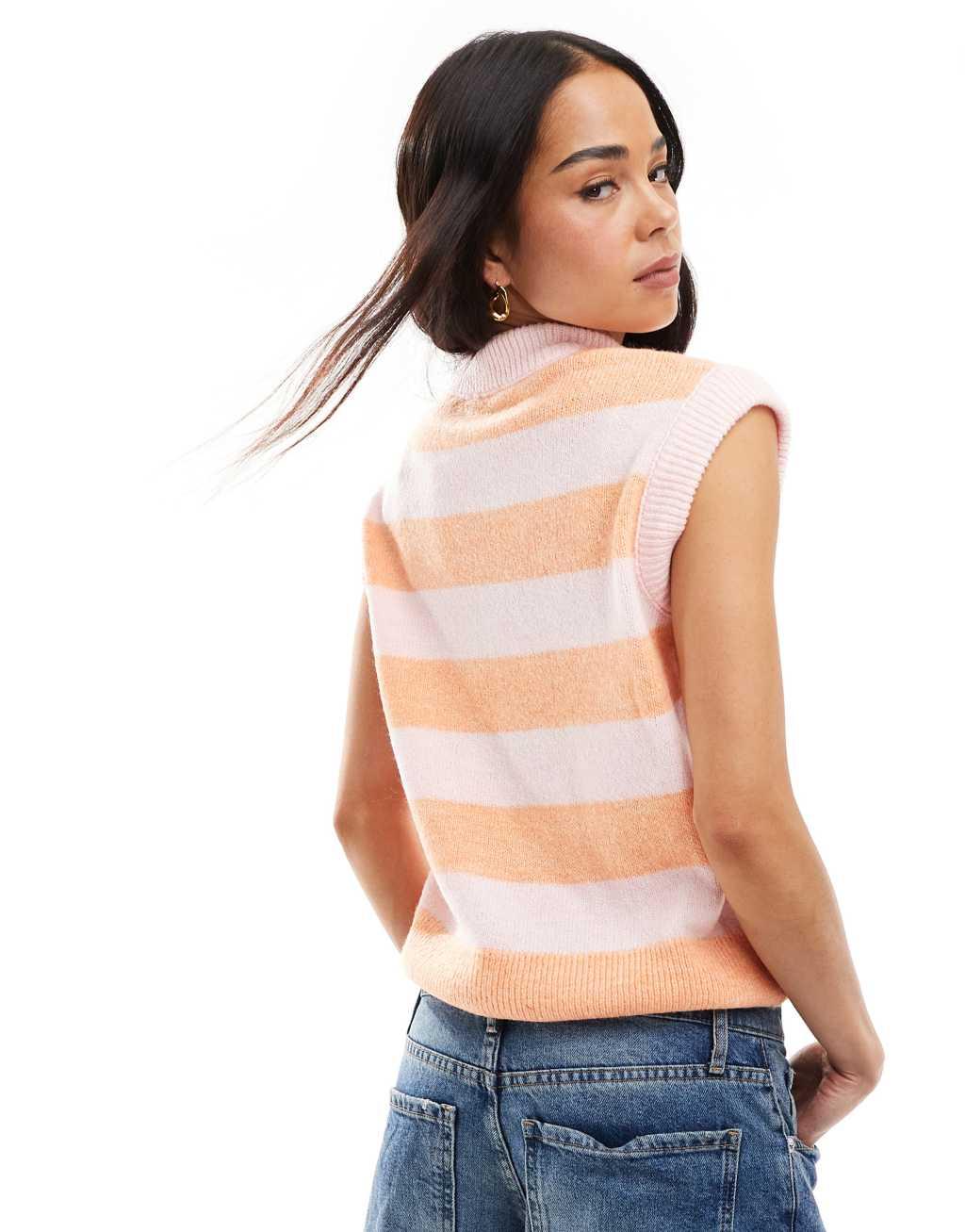 Miss Selfridge knitted tank in soft pink and orange stripe Product Image