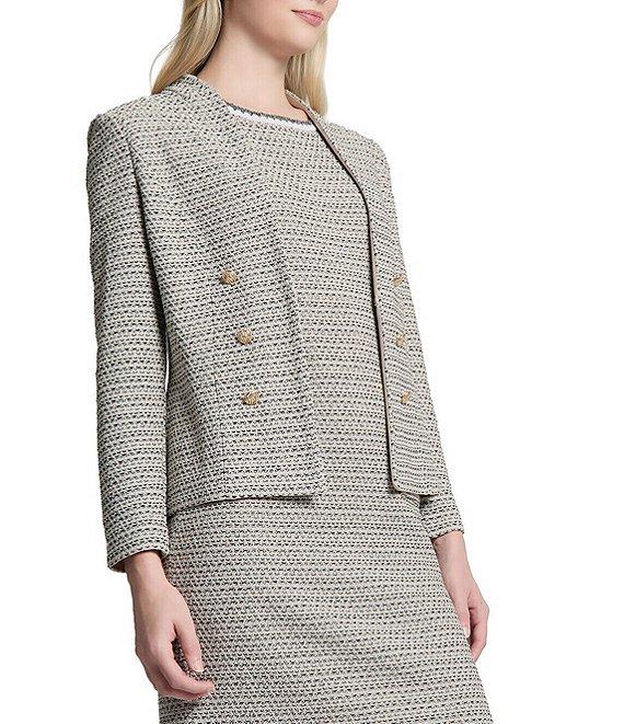 Ming Wang x Tanya Foster Tweed Knit V-Neck Long Sleeve Hook Front Jacket Product Image