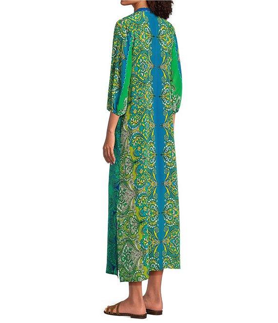 JOHNNY WAS Kahinu Silk Ornate Print V-Neck 3/4 Sleeve Maxi Caftan Dress Product Image