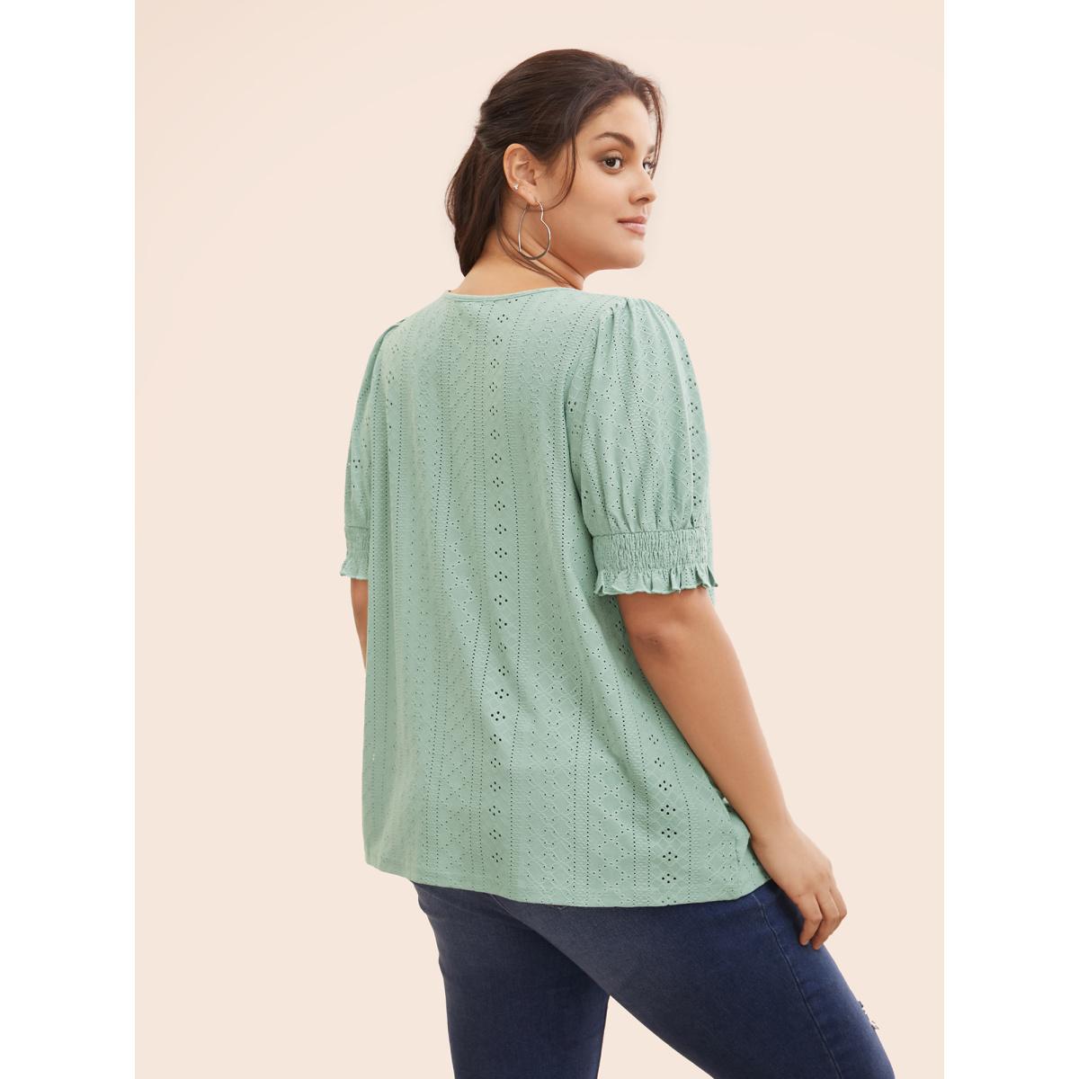 Plus Size Plain Broderie Anglaise Shirred Puff Sleeve Button Detail T-shirt Sage Women Casual Button Plain V-neck Everyday T-shirts BloomChic 26/4X Product Image