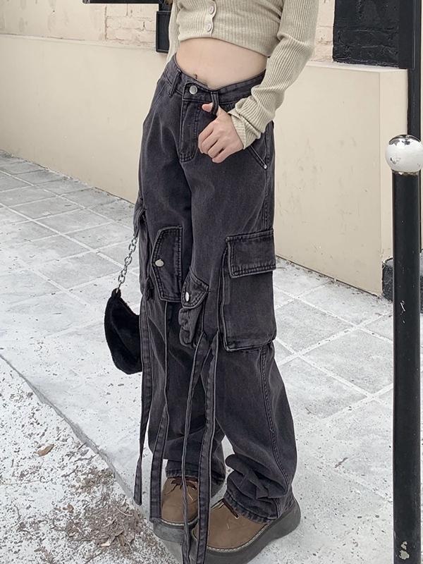 Vintage Wash High Rise Multi Pocket Cargo Jeans Product Image