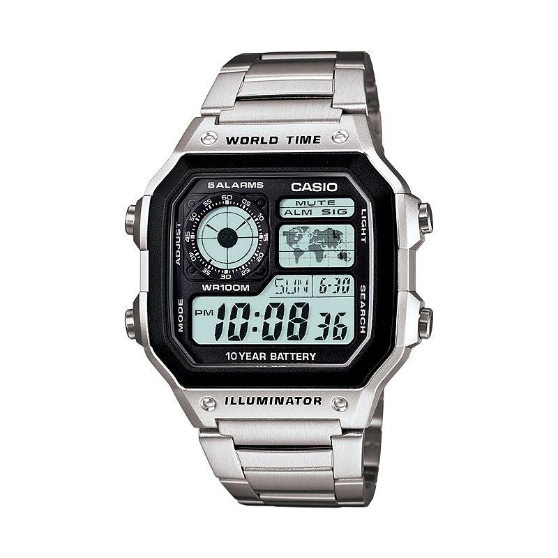 Casio World Time Stainless Steel Digital Chronograph Watch - AE1200WHD-1A - Men, Men's, Gray Product Image