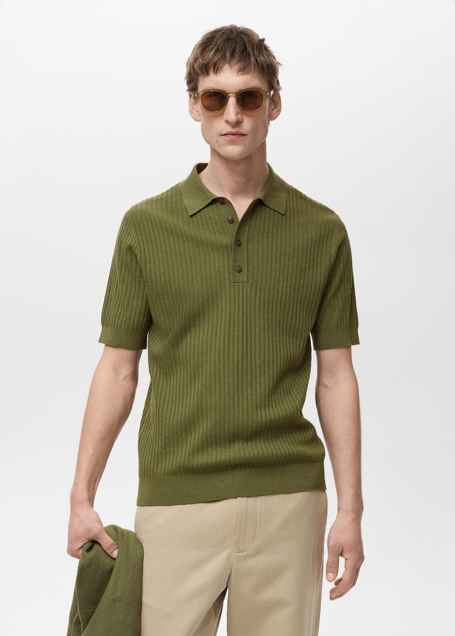 Rib-knit cotton-blend polo shirt - Men | MANGO USA Product Image