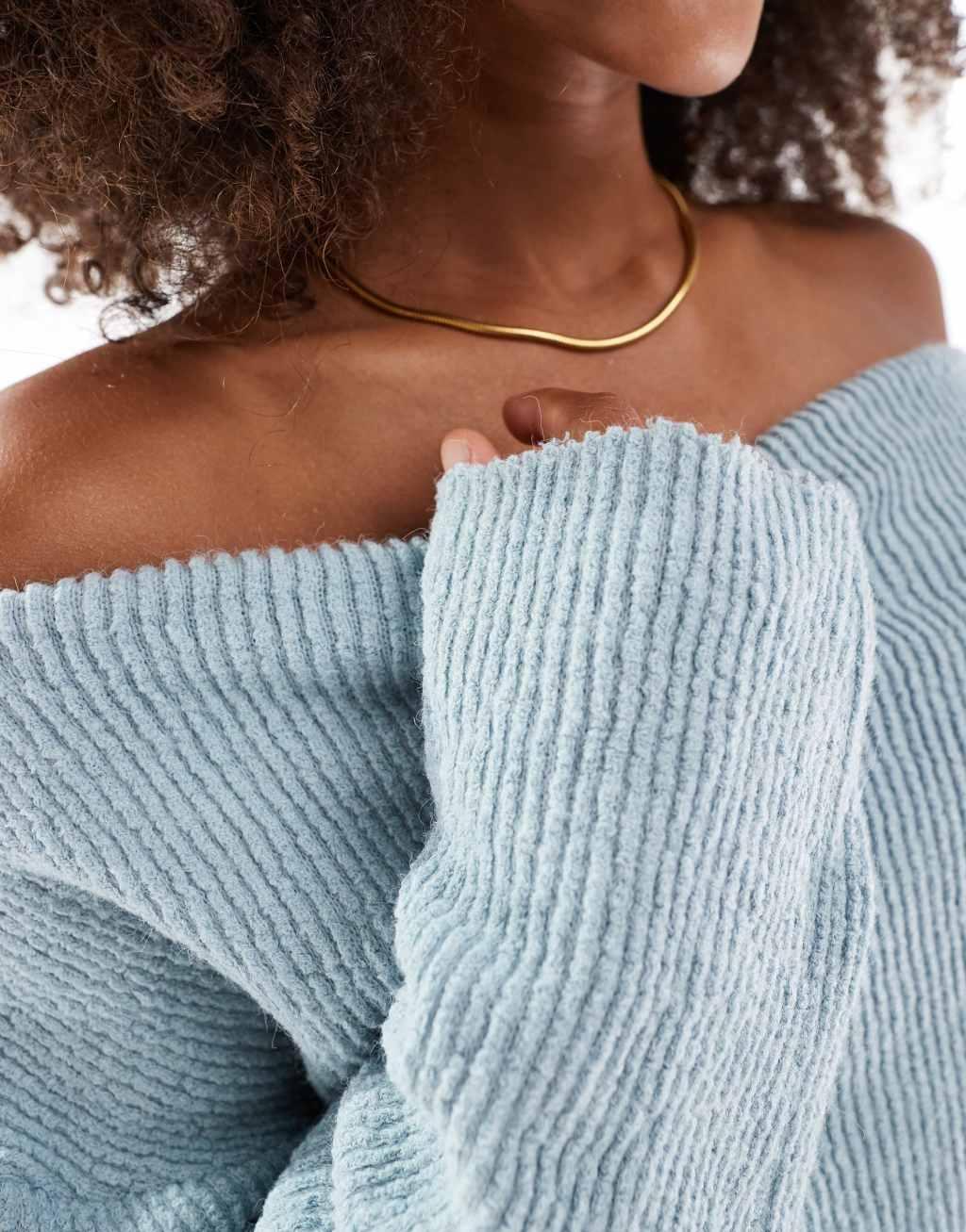 ASOS DESIGN boucle rib off shoulder sweat in blue Product Image