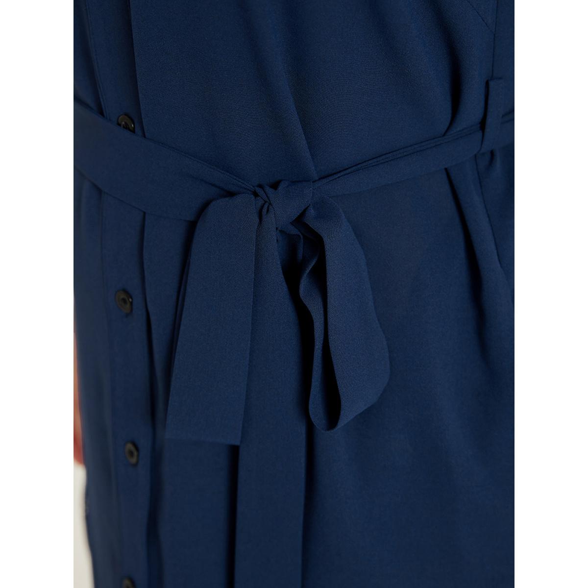 Plus Size Solid Cuffed Sleeve Button Up Belted Laser Cut Arc Hem Dress DarkBlue Women Office Belted Notched collar Short sleeve Curvy Knee Dress BloomChic 22-24/3X Product Image