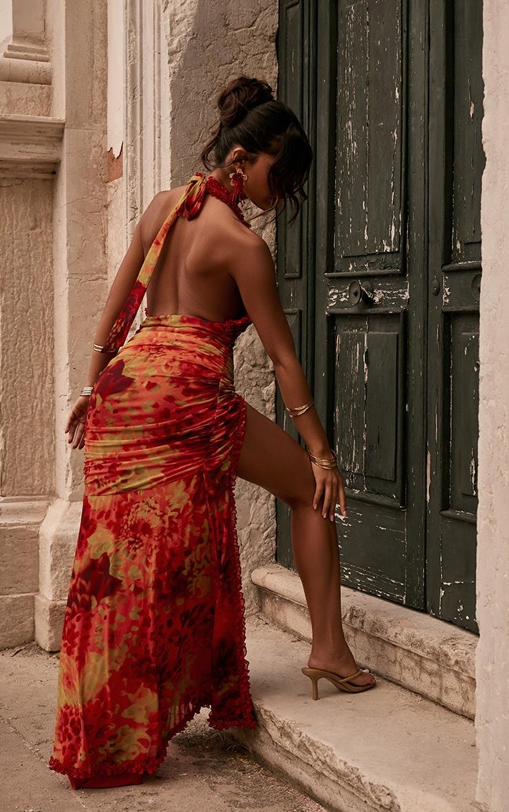 Multi Leopard Printed Ruffle Detail Plunge Maxi Dress Product Image