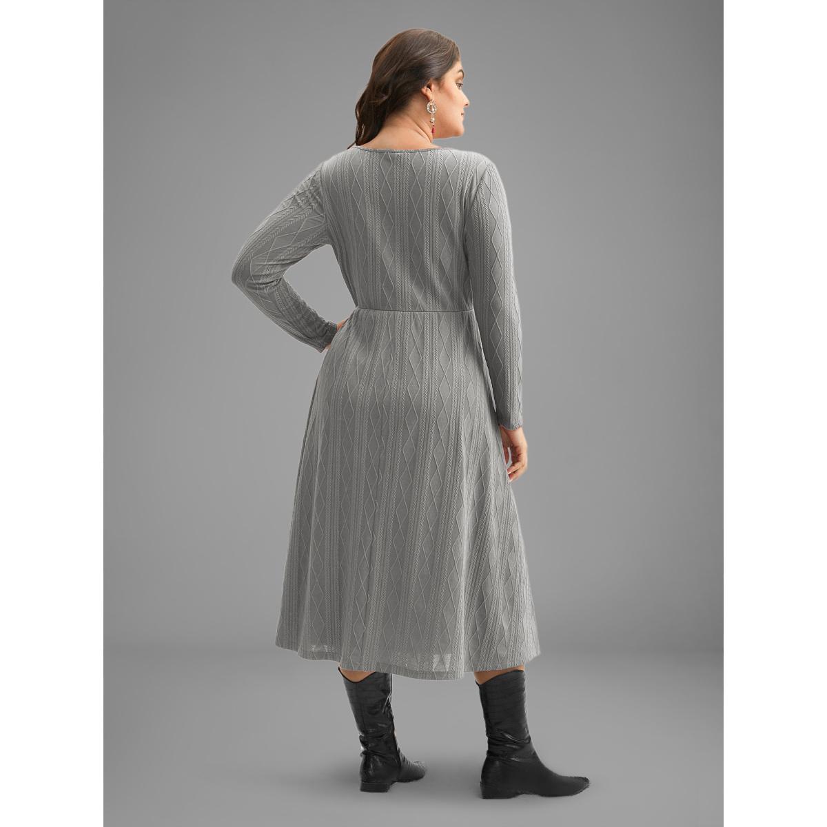 Plus Size Textured Knit Fit-And-Flare Midi Dress Mediumgray Women Casual Texture Round Neck Long Sleeve Curvy BloomChic 10/M Product Image