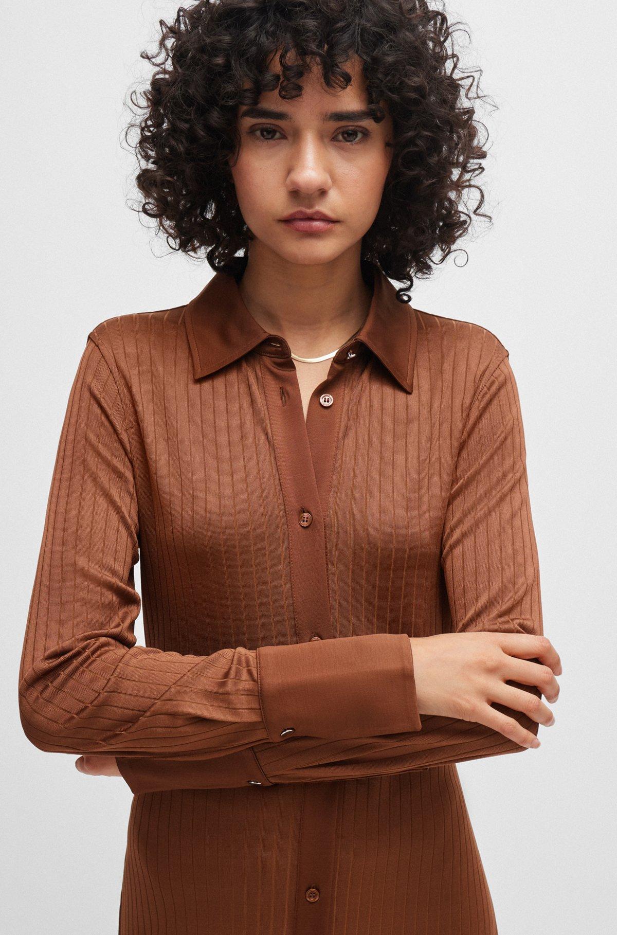 BOSS - Long-length shirt-style dress in ribbed jersey - Brown Product Image