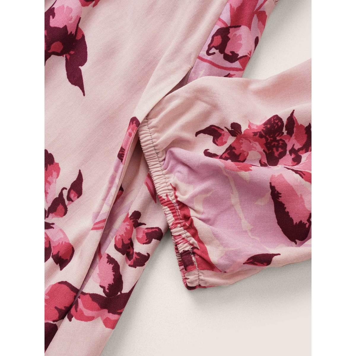 Plus Size Floral Print Surplice Neck Ruffle Layered Hem Dress Pink Women Elegant Non Overlap Collar Long Sleeve Curvy Midi Dress BloomChic 18-20/2X Product Image