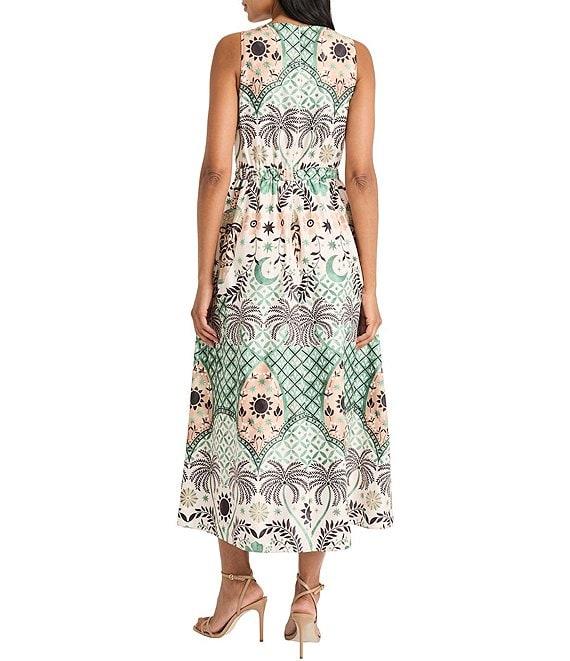 Maggy London Woven V-Neck Sleeveless Tropical Print Midi A-Line Dress Product Image