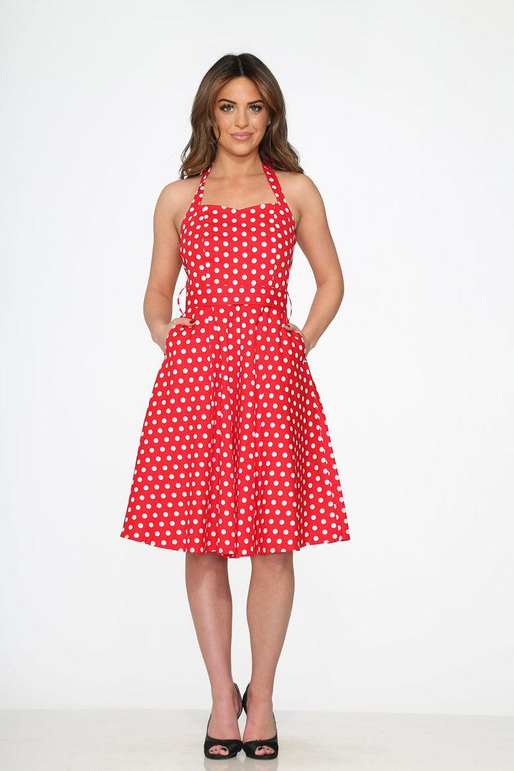 Red & White Polka Dot Halter Dress Product Image