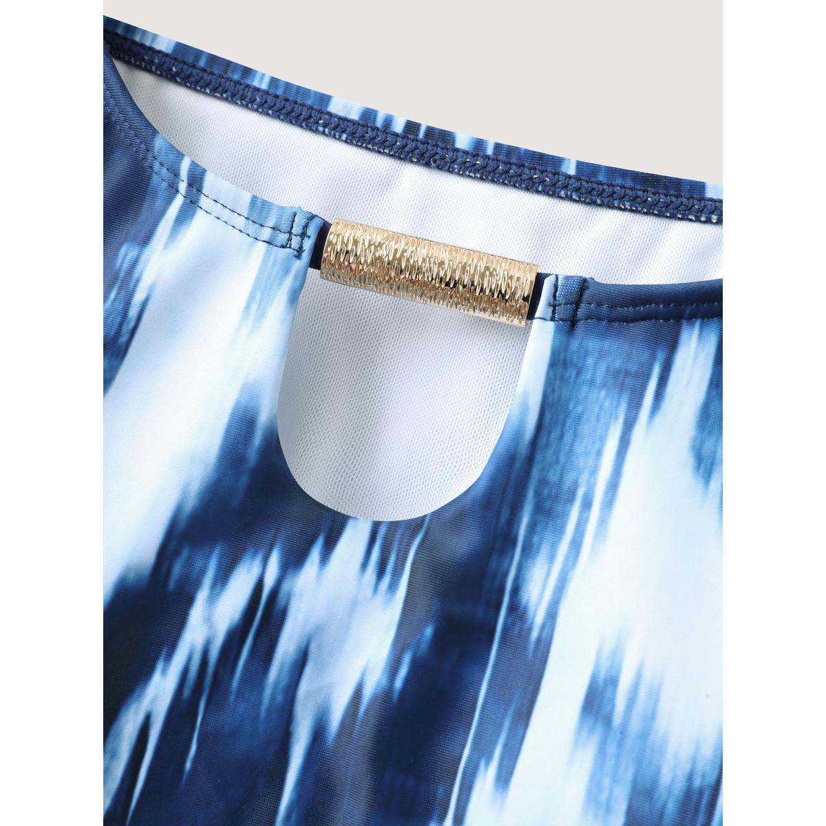 Plus Size Tie-Dye Like Neck Cut-Out Swim Top Women's Swimwear Indigo Resort High stretch Bodycon U-neck Curve Swim Tops BloomChic 12/L Product Image