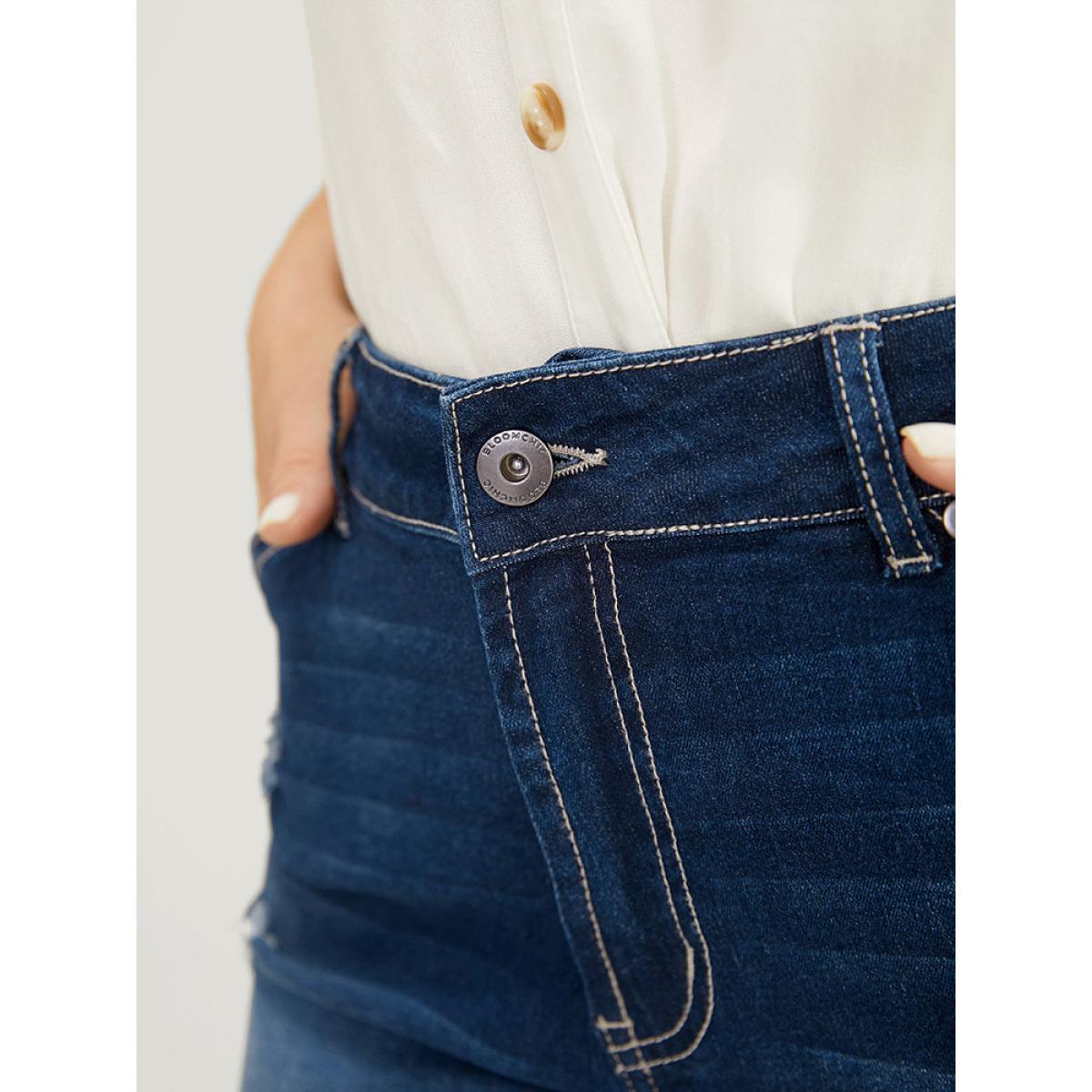 Plus Size Moderately Stretchy Ripped Lace Raw Hem Denim Shorts Women DarkBlue Medium stretch Dailywear Pocket Elegant Denim Shorts BloomChic 10/M Product Image