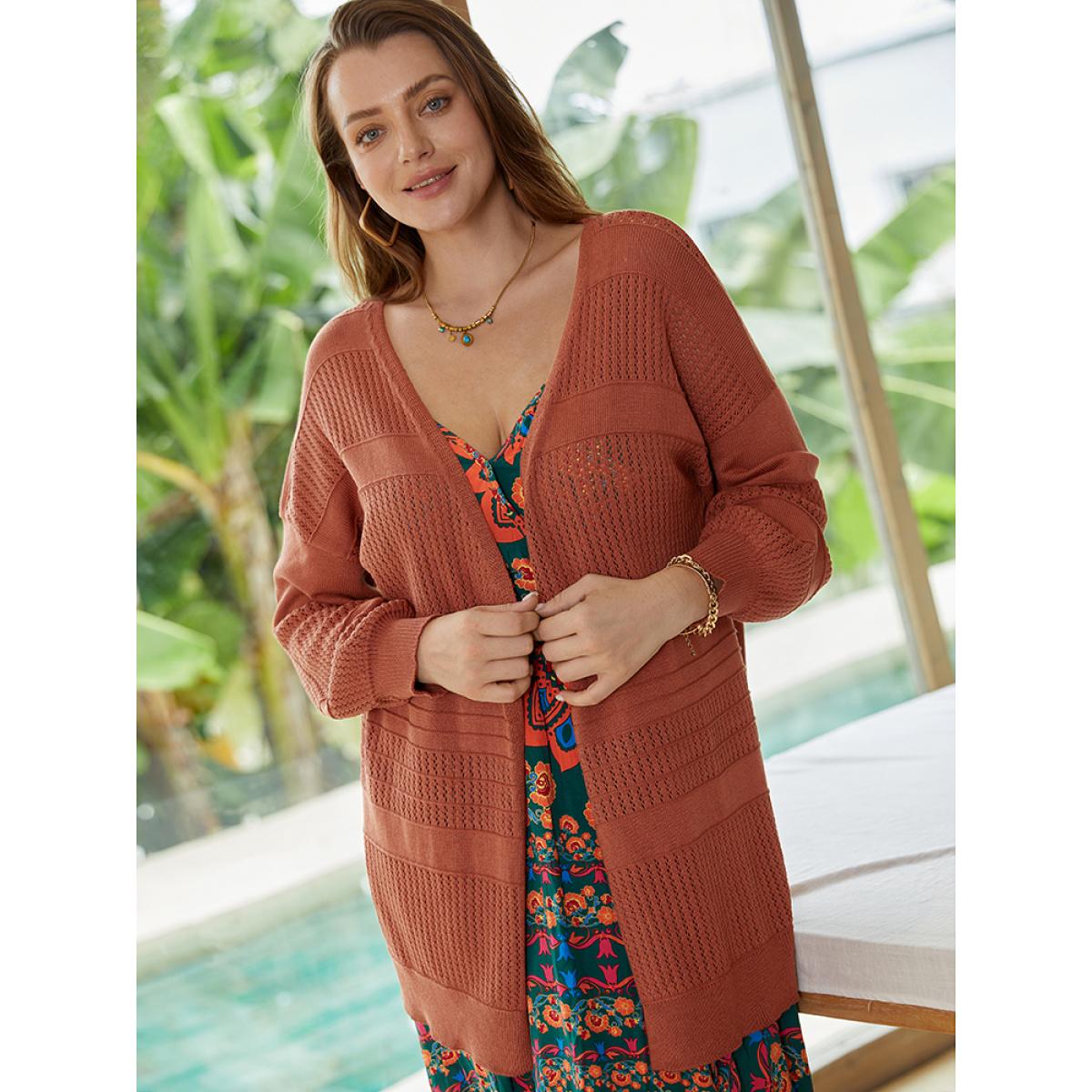 Plus Size Plain Open Front Lantern Sleeve Cardigan Chocolate Women Casual Loose Long Sleeve Everyday Cardigans BloomChic 14-16/1X Product Image