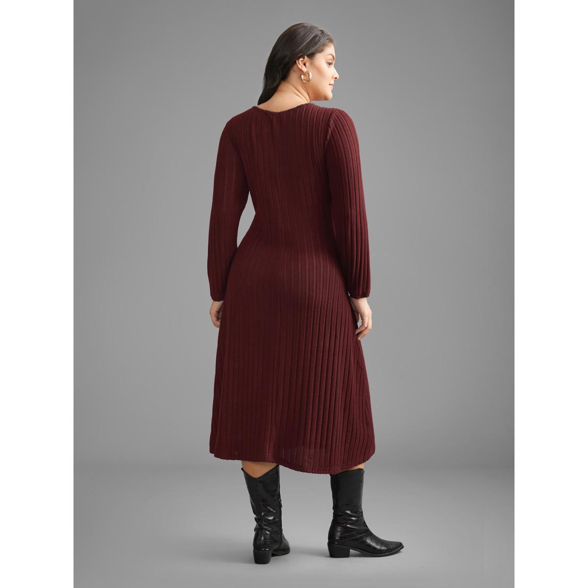 Plus Size Plain Rib Knit Button Detail Dress DarkBlue Women Casual Texture Knit Dresses Bloomchic 10/M Product Image