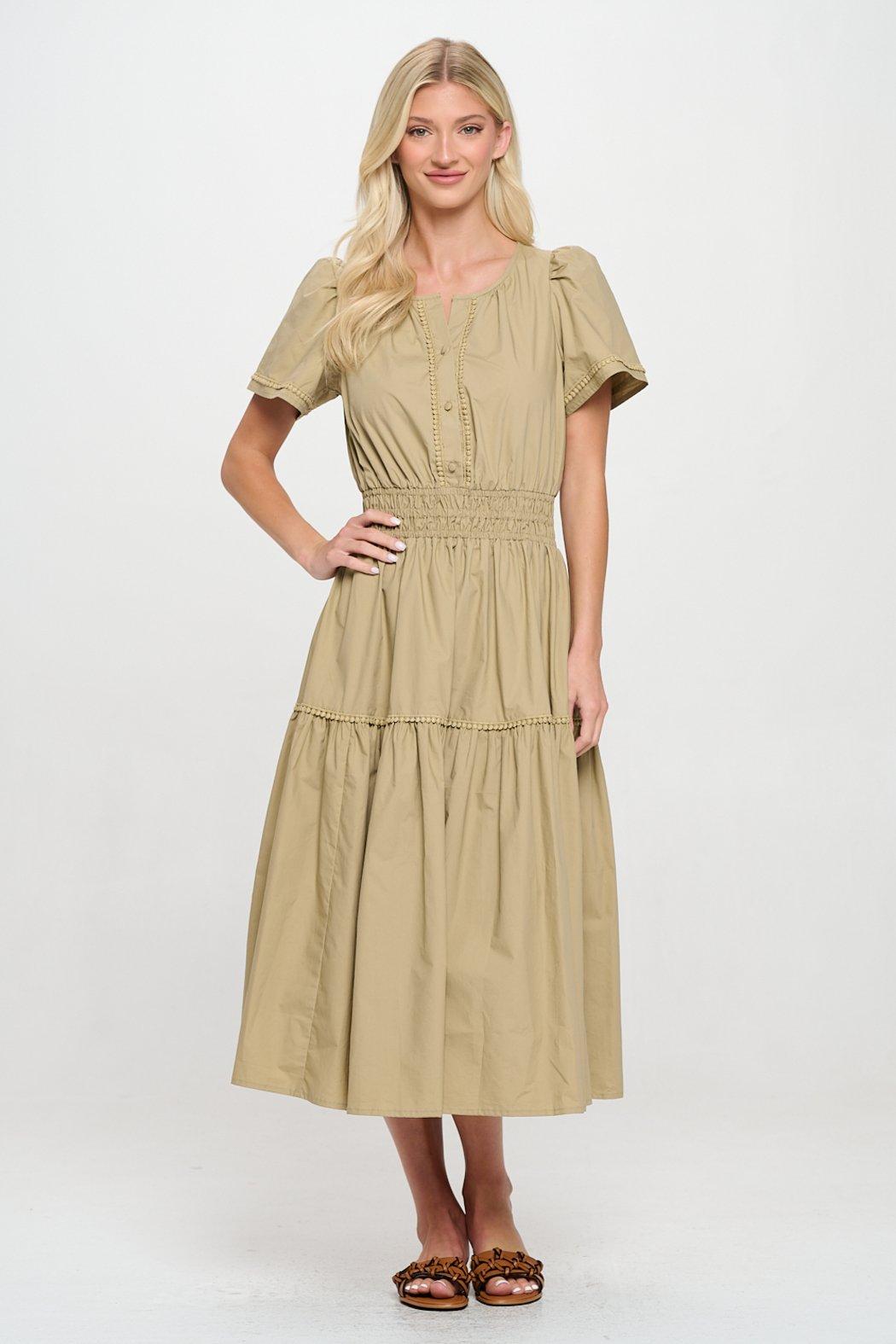 Taupe Poplin Croche Trim Maxi Dress Product Image