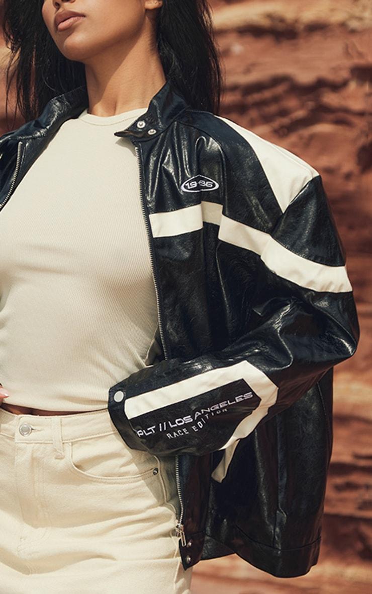 Black Distressed Faux Leather Racer Jacket Product Image