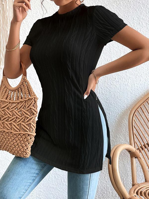 Short Sleeves Pleated Solid Color Split-Joint Split-Side Round-Neck T-Shirts Product Image