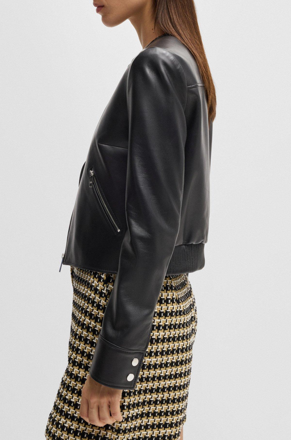 Collarless leather jacket with zip closure Product Image